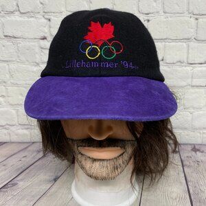 Vintage Olympics Hat Fleece Cap Strap Back Lillehammer '94 Black Purple 90s 1994